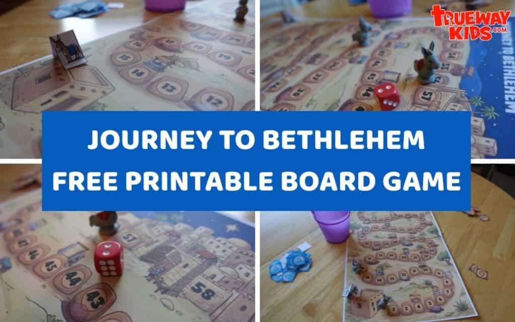 This image shows the Journey to Bethlehem board game in action — a colourful, family-friendly game where players guide their donkeys from their home to the city of Bethlehem. The free print-and-play set includes the illustrated game board, tokens, instructions, and optional 3D-printed donkey pieces. Perfect for families, classrooms, and kids’ groups, the game is simple to set up, easy to learn, and fun for all ages.