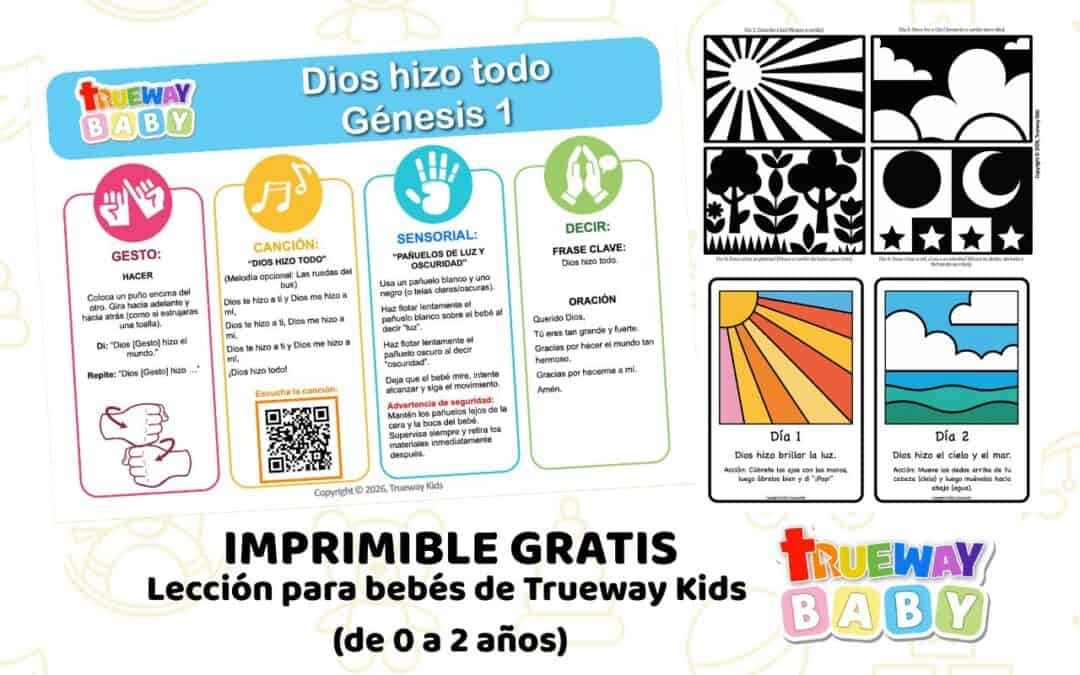 Lección bíblica para bebés de Trueway Kids sobre Génesis 1 con canción, actividades sensoriales, gestos, oración y tarjetas de alto contraste para bebés de 0 a 2 años.
