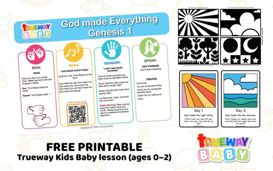 Trueway Kids Baby Bible lesson on Genesis 1 showing sensory activities, song, sign language, prayer, and high-contrast Creation cards for babies ages 0–2.
