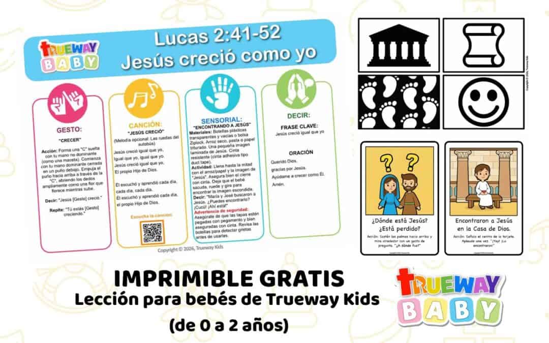esús Creció Como Yo lección bíblica para bebés con actividades sensoriales, canción, gesto de crecer y tarjetas de alto contraste para 0 a 2 años