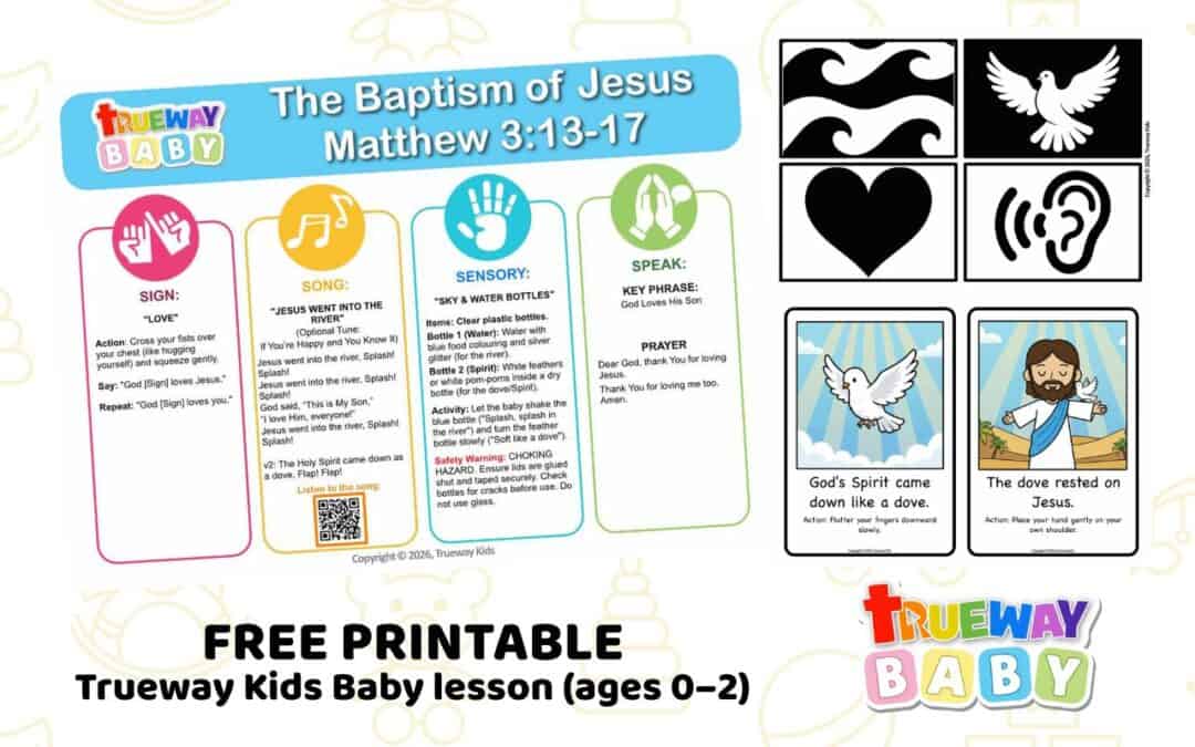 Illustration showing the Baptism of Jesus with sensory activity icons, sign language, song, and high-contrast cards from a free printable Trueway Baby Bible lesson for ages 0–2.