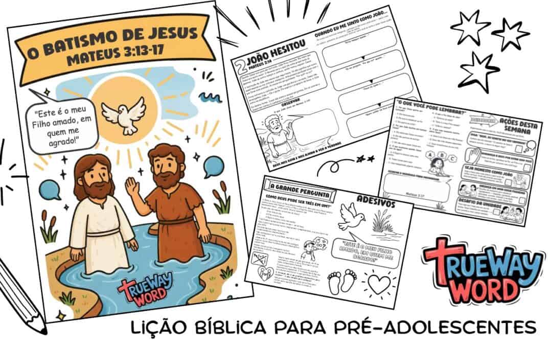 Ilustração de Jesus sendo batizado por João Batista com o Espírito Santo em forma de pomba, de uma lição bíblica gratuita para pré-adolescentes baseada em Mateus 3:13–17 da Trueway Word.