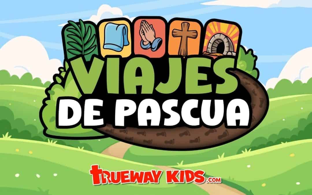 Viajes de Pascua – banner infantil con símbolos del Domingo de Ramos, la oración, la cruz y la tumba vacía para una serie bíblica de Pascua de Trueway Kids