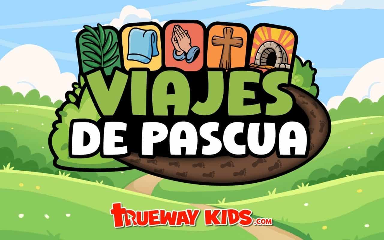 Viajes de Pascua – banner infantil con símbolos del Domingo de Ramos, la oración, la cruz y la tumba vacía para una serie bíblica de Pascua de Trueway Kids