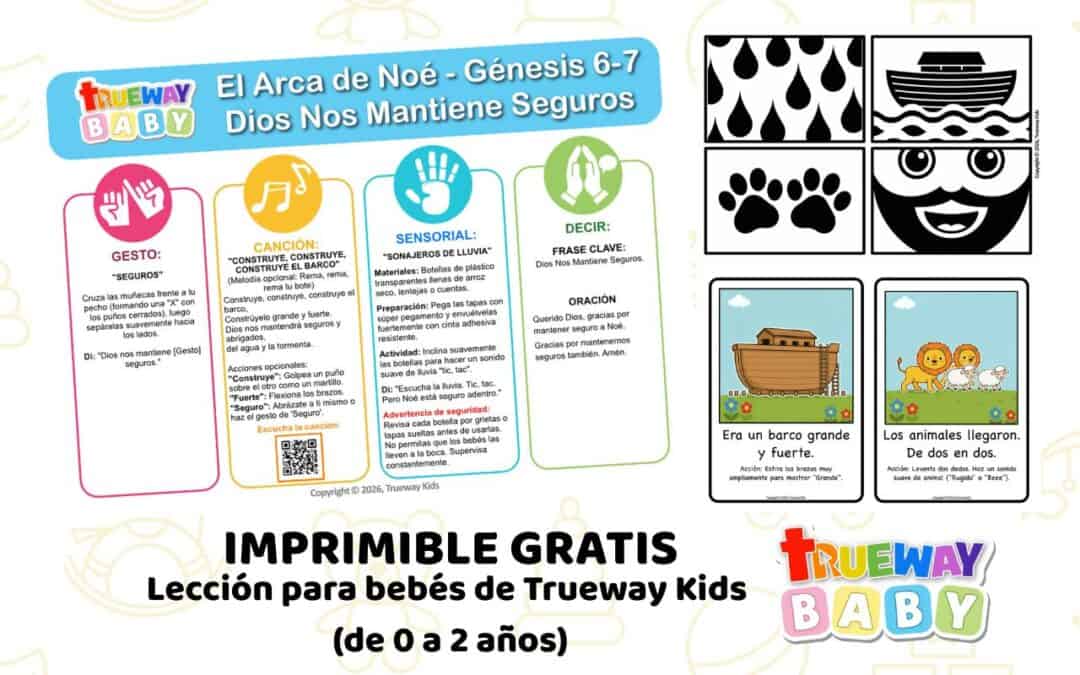 Imagen de la lección bíblica El Arca de Noé para bebés, con actividades sensoriales, gestos, música y tarjetas de alto contraste de Trueway Baby para niños de 0 a 2 años.