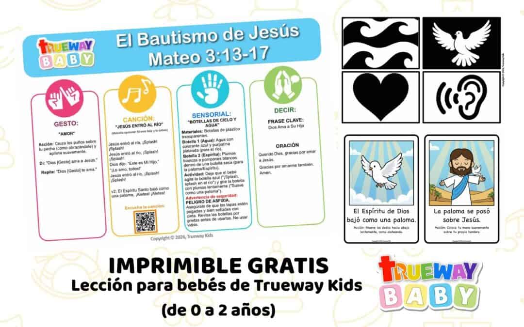 Imagen de la lección bíblica El Bautismo de Jesús para bebés, con actividades sensoriales, gestos, música y tarjetas de alto contraste de Trueway Baby para edades de 0 a 2 años.