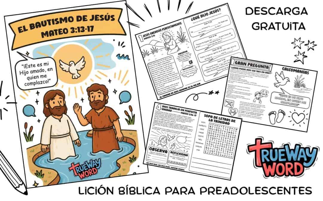 Ilustración de Jesús siendo bautizado por Juan el Bautista con el Espíritu Santo descendiendo como paloma, de una lección bíblica gratuita para preadolescentes basada en Mateo 3:13–17 de Trueway Word.