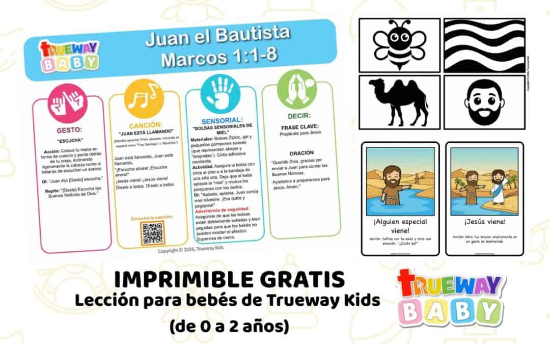 Lección bíblica gratuita para bebés sobre Juan el Bautista con actividades sensoriales, canción, gestos y tarjetas de alto contraste para edades de 0 a 2 años