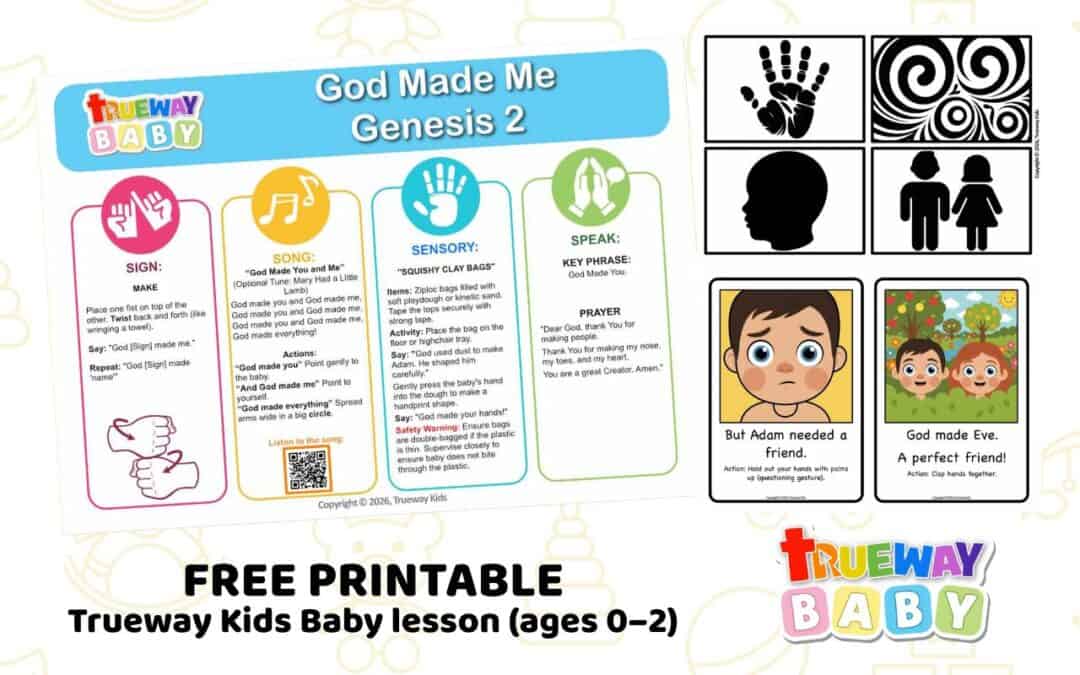 God Made Me baby Bible lesson printable with sensory activities, sign language, song, and high contrast cards for ages 0–2