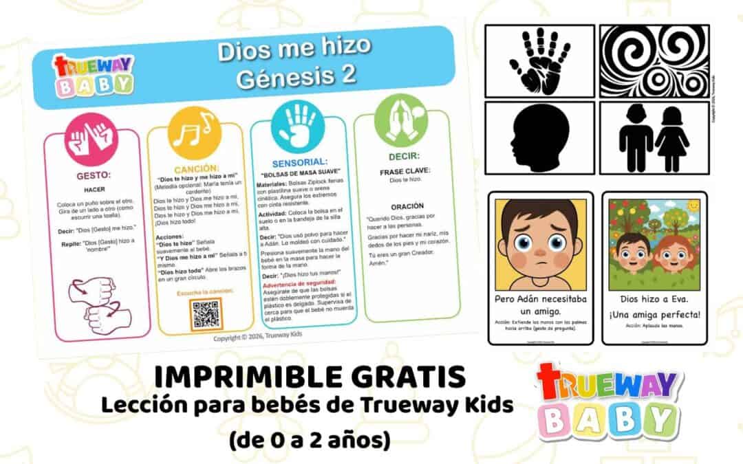 Dios Me Hizo lección bíblica para bebés con actividades sensoriales, canción, gesto de hacer y tarjetas de alto contraste para 0 a 2 años