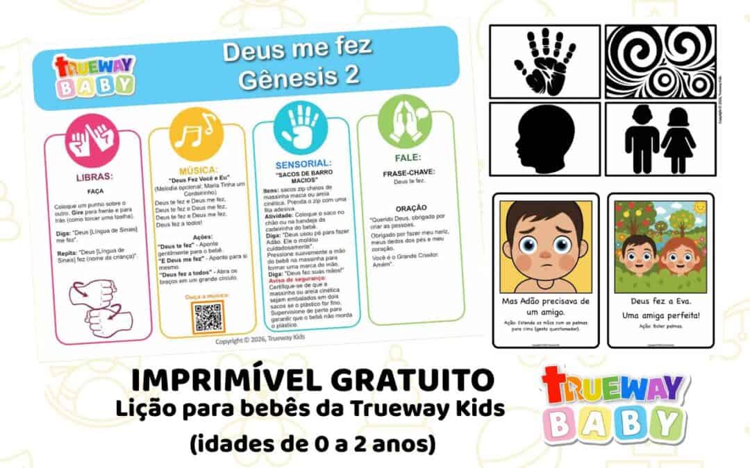 Deus Me Fez lição bíblica para bebês com atividades sensoriais, Libras, música e cartões de alto contraste para 0 a 2 anos