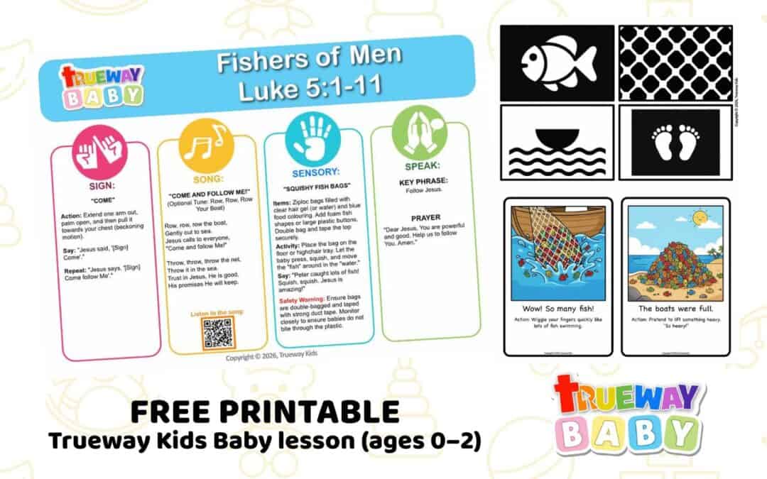 Free baby Bible lesson for ages 0–2 on Luke 5:1–11. Includes action song, sign language, sensory play, and printable cards.