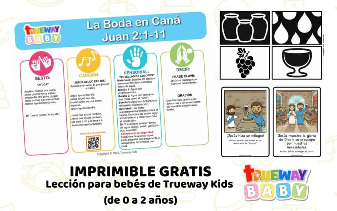 Lección bíblica gratuita para bebés (0–2 años) sobre la Boda en Caná. Presenta Juan 2:1–11 con música, gestos, actividades sensoriales y tarjetas de alto contraste para iglesia o hogar.