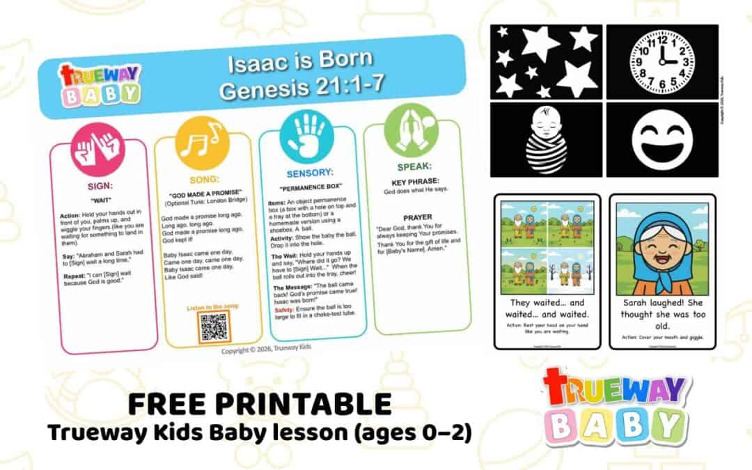 Free baby Bible lesson for ages 0–2 on Genesis 21:1–7. Includes action song, simple sign language, sensory play, and printable cards.