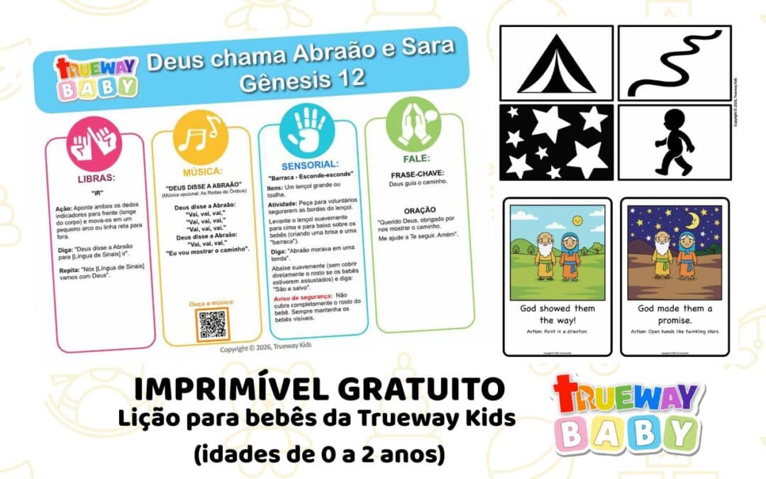Capa ilustrada da lição bíblica para bebês Deus chama Abraão e Sara baseada em Gênesis 12, incluindo música com gestos, sinal em Libras para “ir” e cartões de alto contraste.