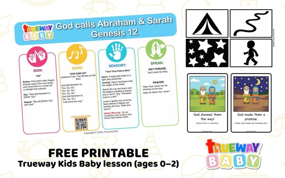Illustrated cover of Trueway Baby lesson God Calls Abraham and Sarah from Genesis 12, featuring tent sensory play, sign for go, and action song for ages 0–2.
