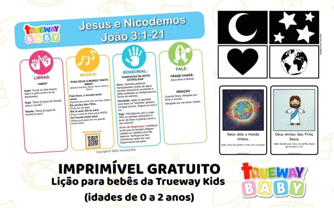 Capa ilustrada da lição bíblica para bebês Jesus e Nicodemos baseada em João 3:1–21, incluindo cartões de alto contraste, atividade sensorial noite estrelada e música sobre o amor de Deus.