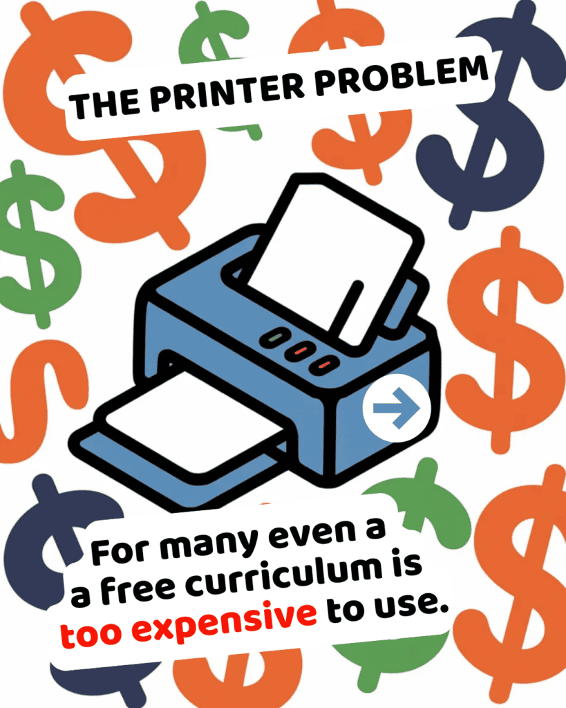 Illustration of a printer surrounded by dollar signs with the text The Printer Problem and a message explaining that even free curriculum can be too expensive to use.