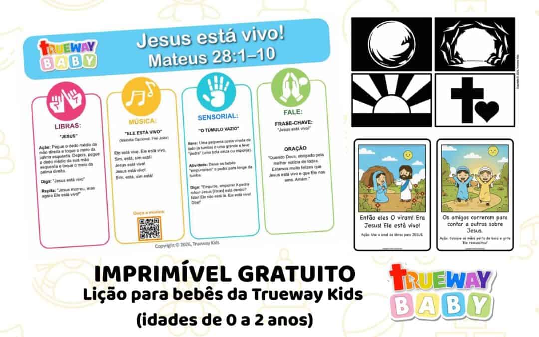 Lição bíblica gratuita para bebês (0–2 anos) sobre a Páscoa em Mateus 28. Ensine que Jesus está vivo com música, atividade sensorial e ações simples. Ideal para berçário, igreja e casa.