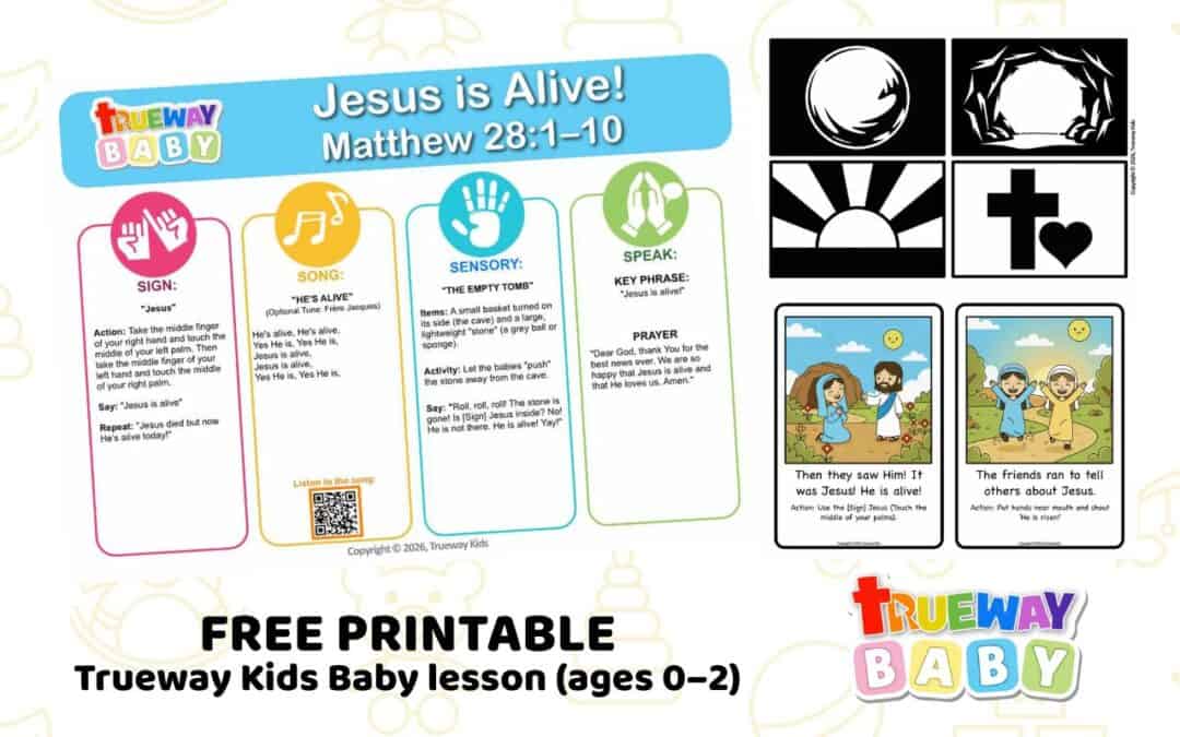Free printable Easter Baby Bible lesson for ages 0–2 from Matthew 28. Teach that Jesus is alive with song, sensory play, and simple actions. Ideal for nursery, church, and home.