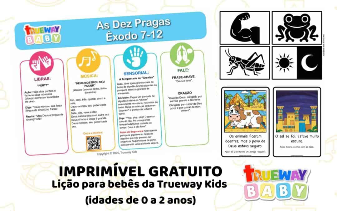 Esta lição bíblica gratuita apresenta de forma suave a história das dez pragas em Êxodo 7–12 para bebês e crianças pequenas. Por meio de repetição, movimentos simples e atividades sensoriais, os pequenos começam a entender uma verdade clara: Deus é forte.