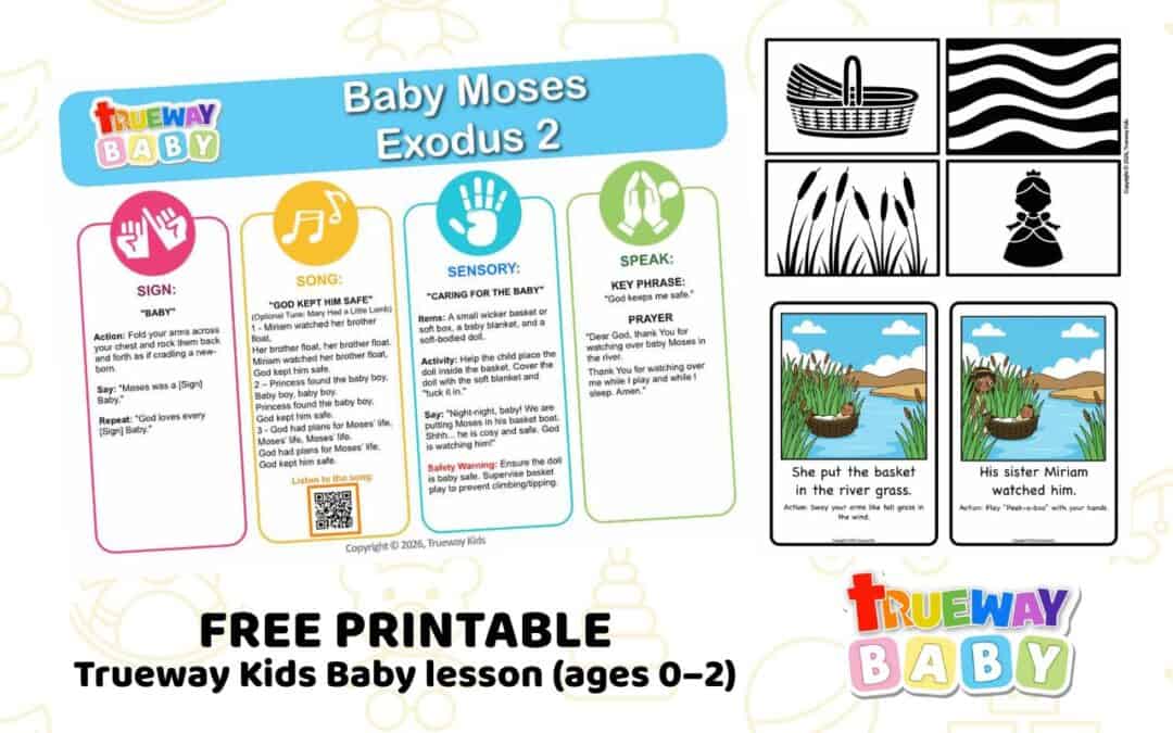 Free printable Baby Bible lesson for ages 0–2 on Baby Moses (Exodus 2). Help babies learn that God keeps them safe through gentle repetition, sensory play, and simple actions.