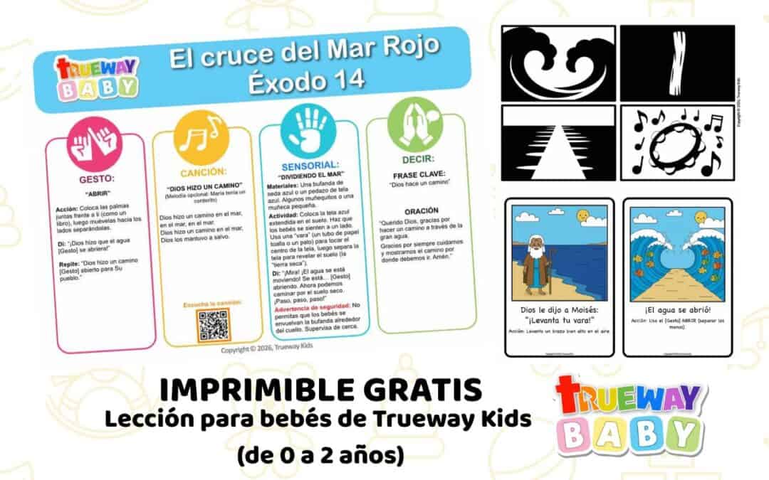 Lección bíblica gratuita para imprimir para bebés de 0–2 años en Éxodo 14. Enseña que Dios hace un camino a través de repetición sencilla, juego sensorial y actividades suaves. Ideal para guardería, grupos de bebés y uso en casa.