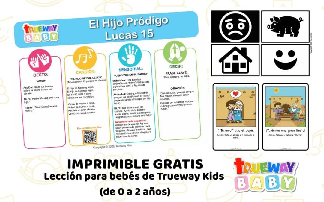Lección bíblica gratuita para bebés (0–2 años) basada en Lucas 15. Enseña que Dios siempre nos ama mediante repetición simple, juego sensorial y actividades suaves. Ideal para guardería, grupos de bebés y uso en casa.