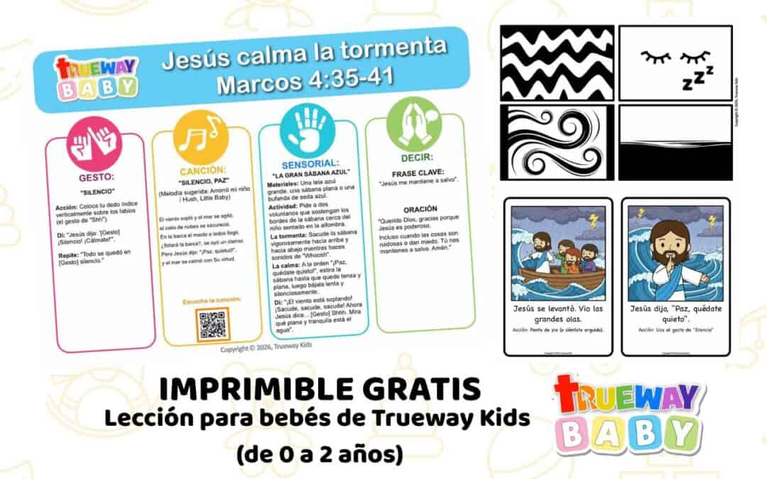 Lección bíblica gratuita para imprimir para bebés de 0–2 años sobre Jesús calma la tormenta (Marcos 4:35–41). Ayuda a los bebés a aprender que Jesús los mantiene a salvo mediante repetición suave, juego sensorial y acciones sencillas.