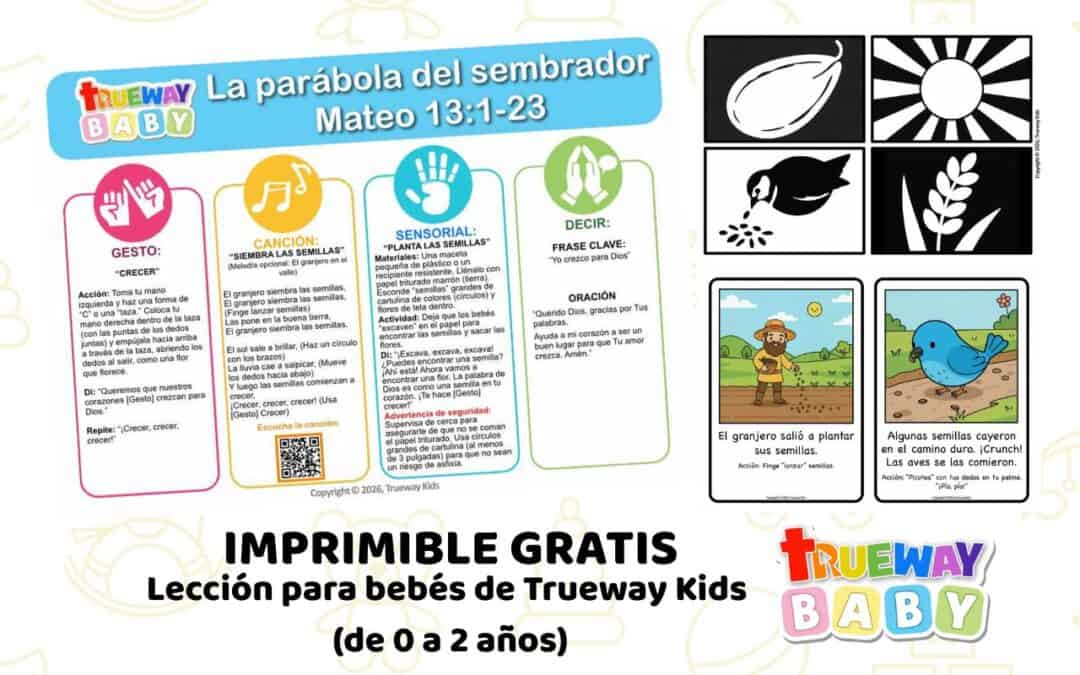 Lección bíblica gratuita para imprimir para bebés de 0–2 años en Mateo 13:1–23. Enseña que la Palabra de Dios nos ayuda a crecer a través de repetición sencilla, juego sensorial y actividades suaves. Ideal para guardería, grupos de bebés y uso en casa.