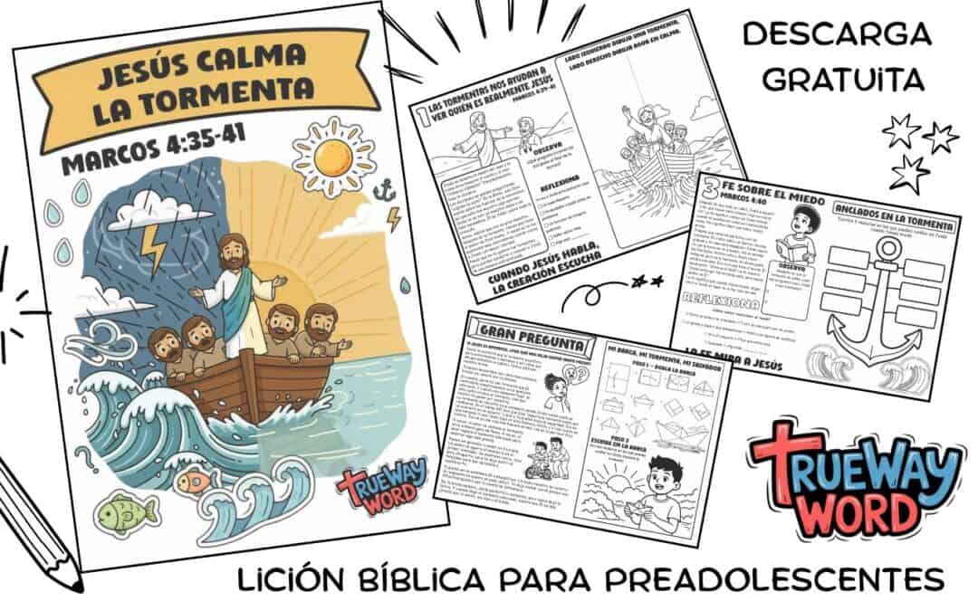 Lección bíblica gratuita para imprimir sobre Jesús calma la tormenta (Marcos 4:35–41). Ideal para escuela dominical, homeschool y devocionales familiares. Enseña fe sobre el miedo.