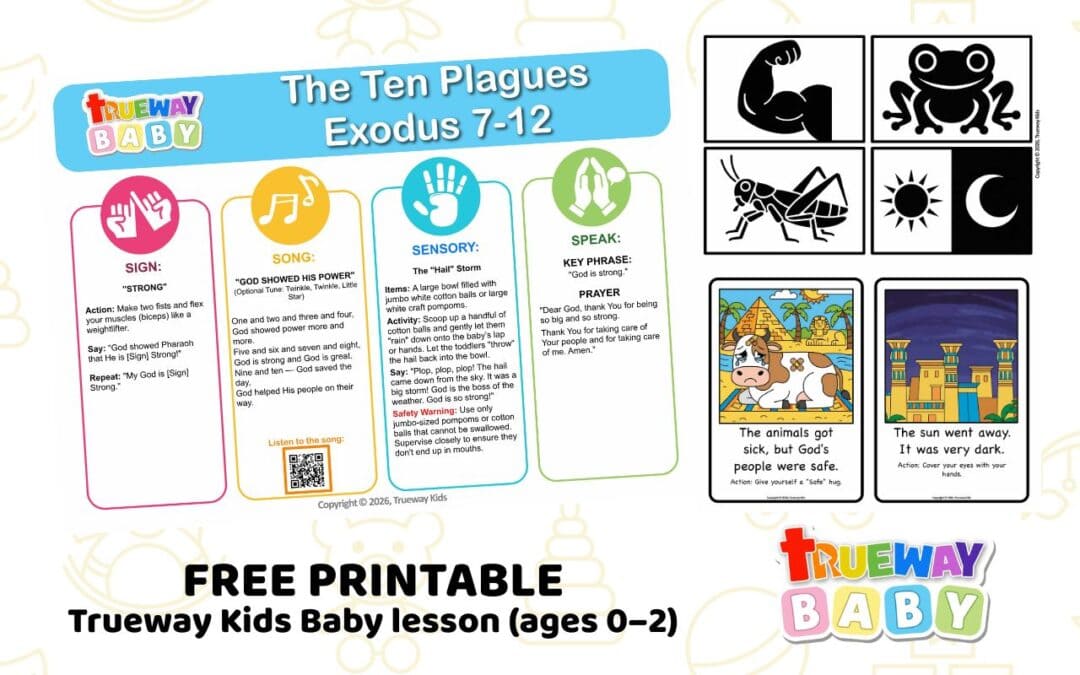 Free printable Baby Bible lesson for ages 0–2 on Exodus 7–12. Teach that God is strong through simple repetition, sensory play, and gentle activities. Ideal for nursery, toddler groups, and home use.