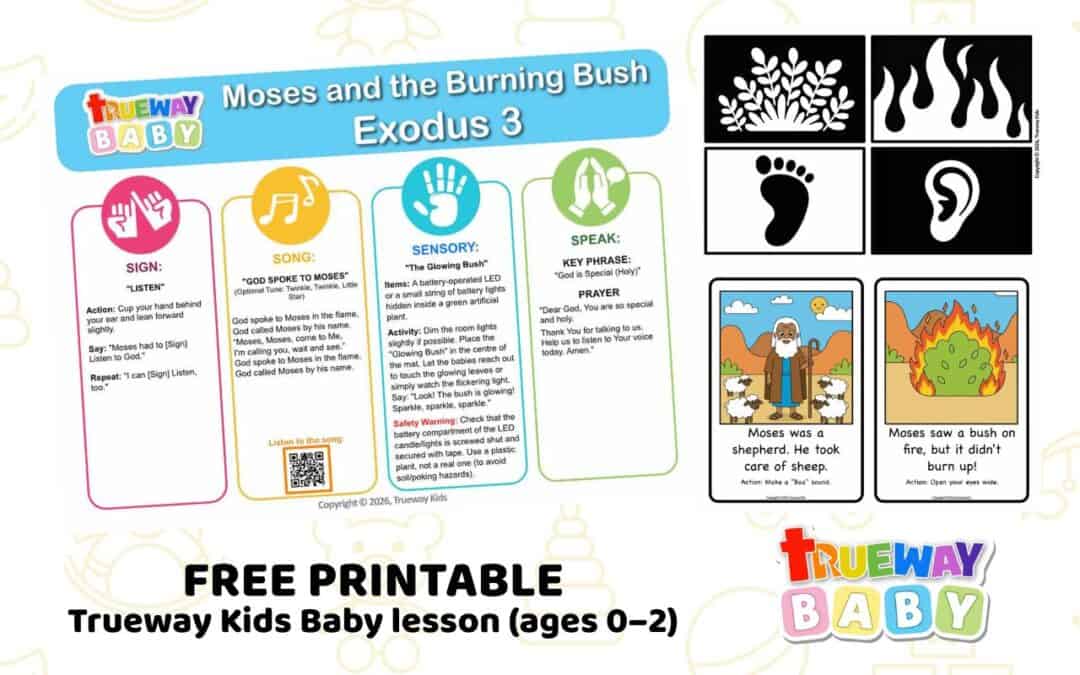 Free printable Baby Bible lesson for ages 0–2 on Exodus 3. Teach that God is holy and speaks to us through sensory play, repetition, and simple activities. Ideal for nursery and home use.