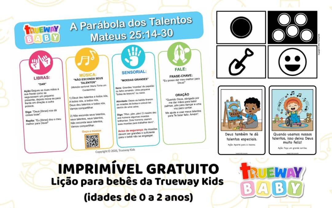 Lição bíblica gratuita para bebês sobre a Parábola dos Talentos em Mateus 25:14–30. Com música, ações, atividade sensorial e cartões para idades 0–2.
