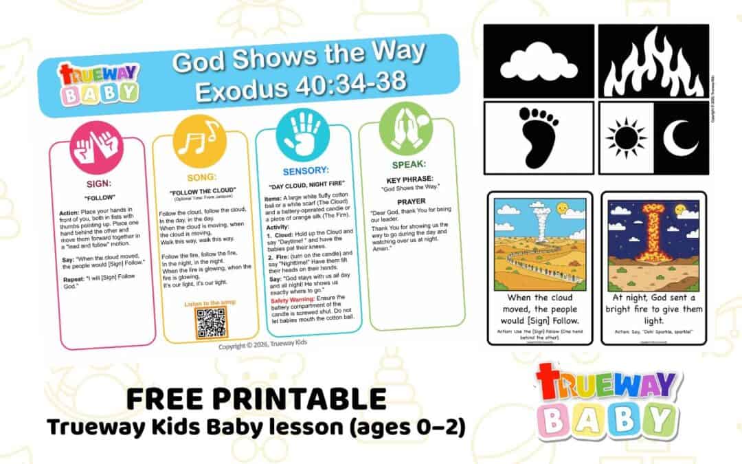 Gentle, illustrated Baby Bible lesson on God leading His people with the cloud and fire, helping babies and toddlers learn through simple actions, song, sensory play, and repetition that God shows the way.