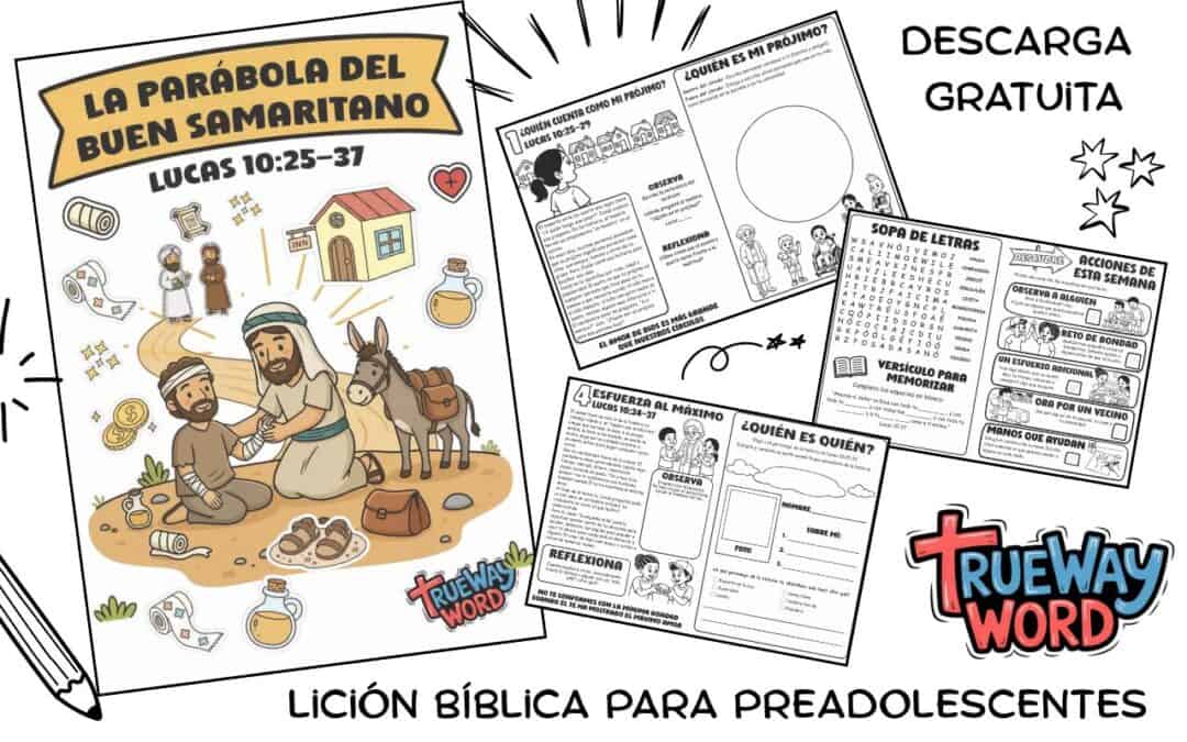 Descarga una lección bíblica gratuita para imprimir sobre la Parábola del Buen Samaritano en Lucas 10:25–37. Ayuda a los niños y preadolescentes a aprender sobre la misericordia, el amor al prójimo y la buena noticia de la vida eterna para la escuela dominical, homeschool o devocionales familiares.