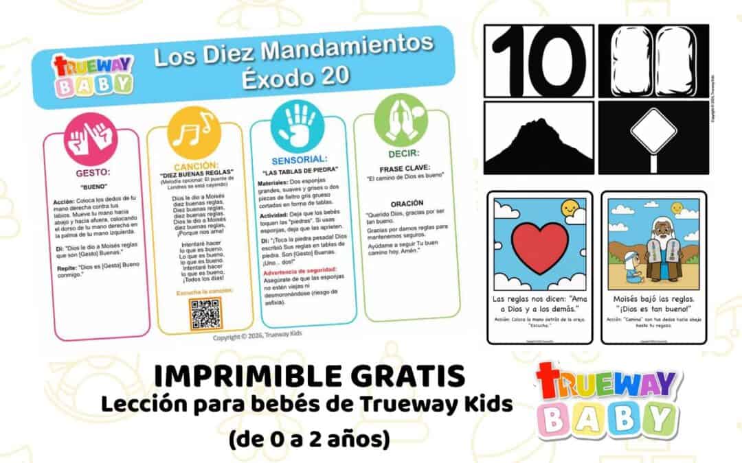 Lección bíblica ilustrada para bebés sobre los Diez Mandamientos, ayudando a bebés y niños pequeños a aprender mediante acciones simples, repetición y actividades sensoriales que el camino de Dios es bueno.