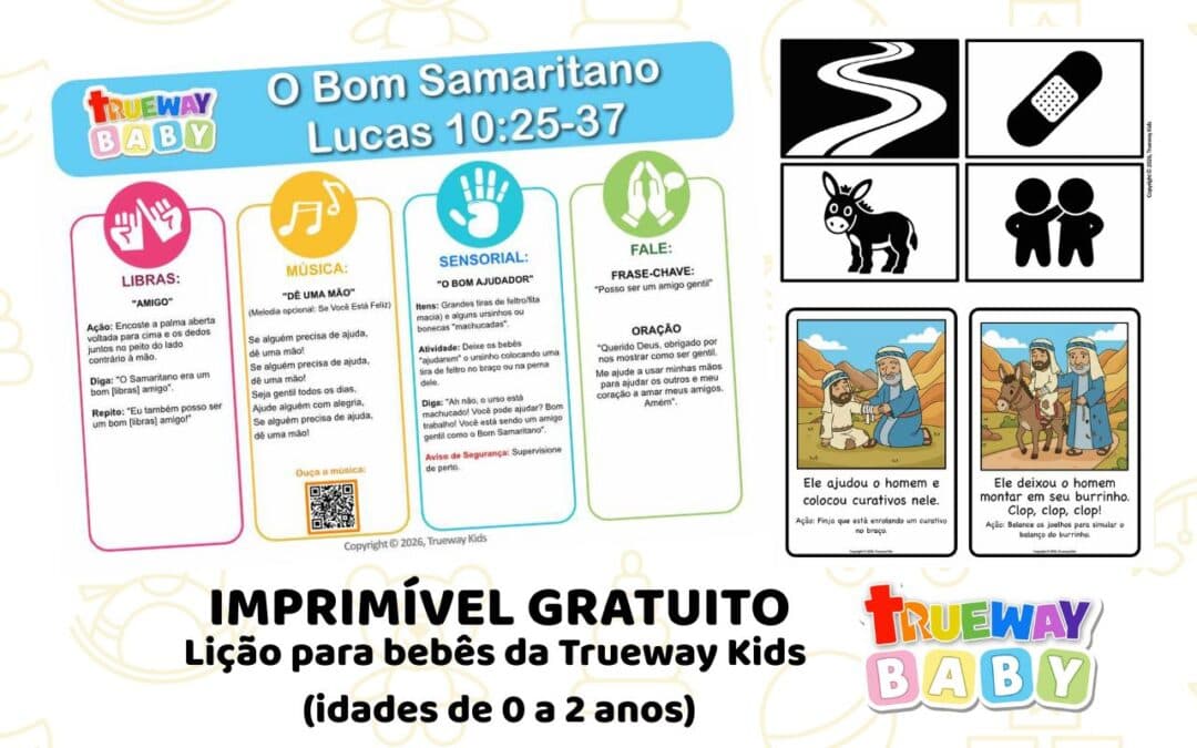 Lição bíblica suave e ilustrada para bebês sobre o Bom Samaritano, ajudando bebês e crianças pequenas a aprenderem, por meio de ações simples, música, brincadeira sensorial e repetição, que podem ser amigos gentis.