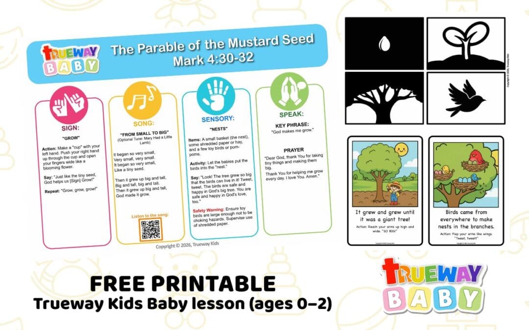 Gentle, illustrated Baby Bible lesson on the mustard seed, helping babies and toddlers learn through simple actions, song, sensory play, and repetition that God helps them grow.