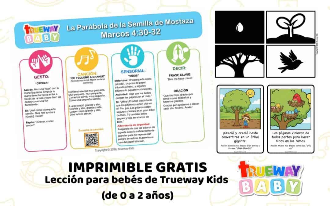 Lección bíblica ilustrada para bebés y niños pequeños sobre la semilla de mostaza, ayudando a los pequeños a aprender con gestos, canción, repetición y juego sensorial que Dios los hace crecer.