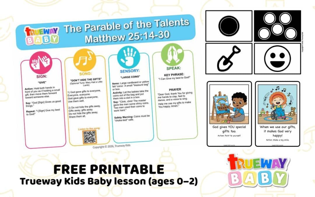 ree printable Baby Bible lesson on the Parable of the Talents from Matthew 25:14–30. Simple song, actions, sensory play, and visuals for ages 0–2.