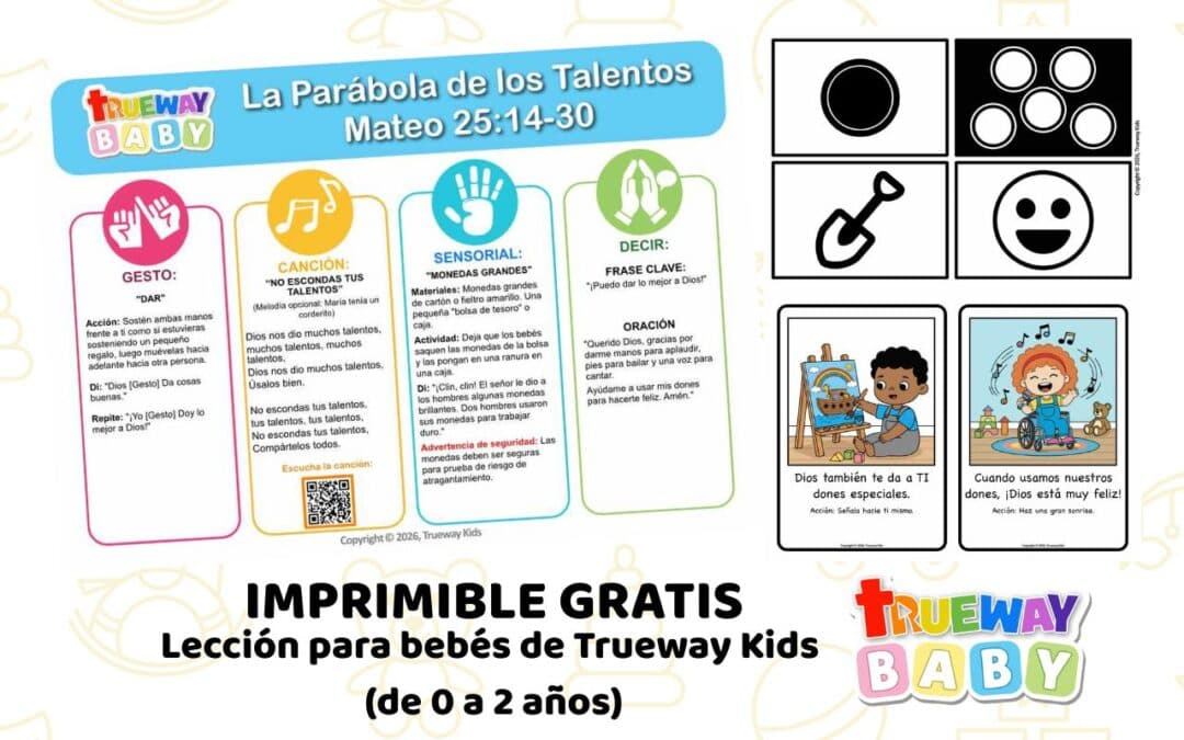 Lección bíblica gratis para bebés sobre la Parábola de los Talentos en Mateo 25:14–30. Con canción, acciones, juego sensorial y tarjetas para edades 0–2.