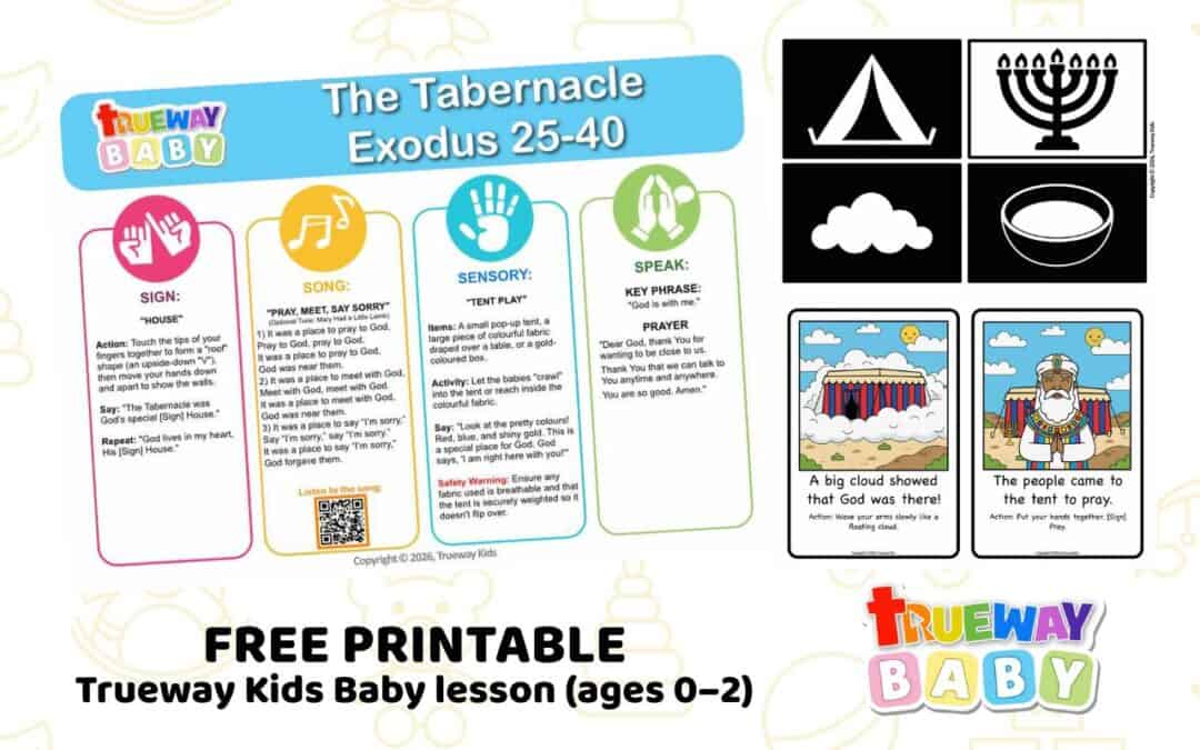 Gentle, illustrated Baby Bible lesson on the Tabernacle, helping babies and toddlers learn through simple actions, song, sensory play, and repetition that God is with them.