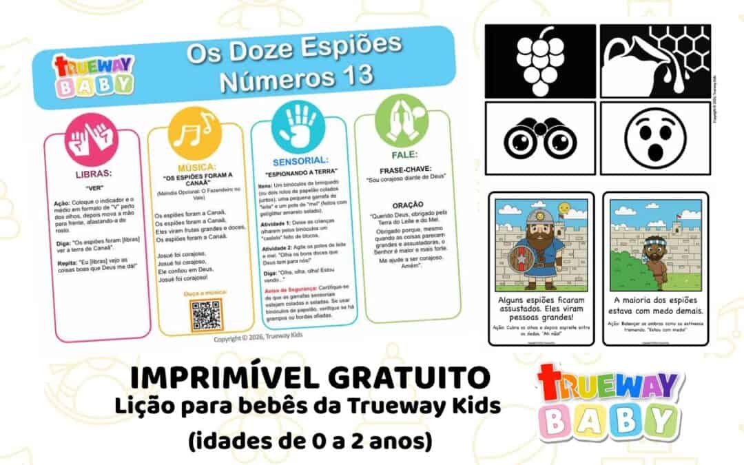 Lição bíblica gratuita para bebês sobre os Doze Espiões em Números 13. Com música, ações, atividade sensorial e cartões para idades 0–2.