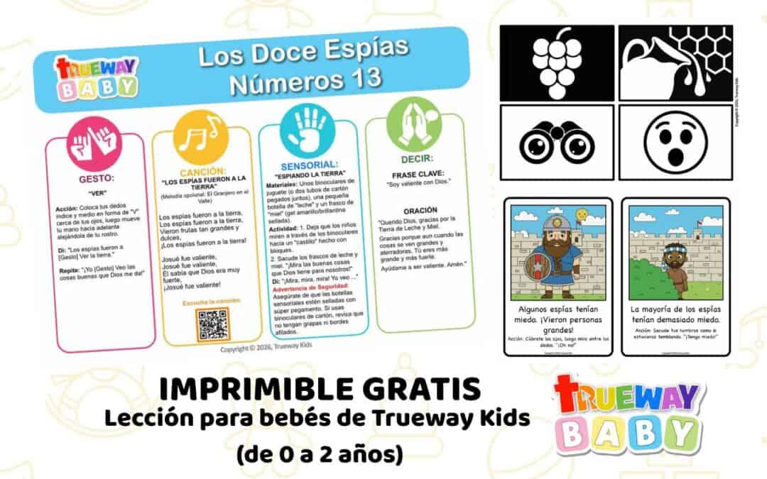 Lección bíblica gratis para bebés sobre los Doce Espías en Números 13. Con canción, acciones, juego sensorial y tarjetas para edades 0–2.