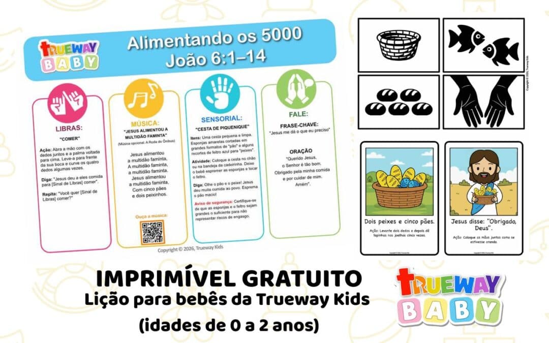 Lição bíblica gratuita para bebês sobre Alimentando os 5.000 em João 6:1–14. Inclui música, sinal em Libras, atividade sensorial, cartões visuais e folha para levar para casa para crianças de 0–2 anos.