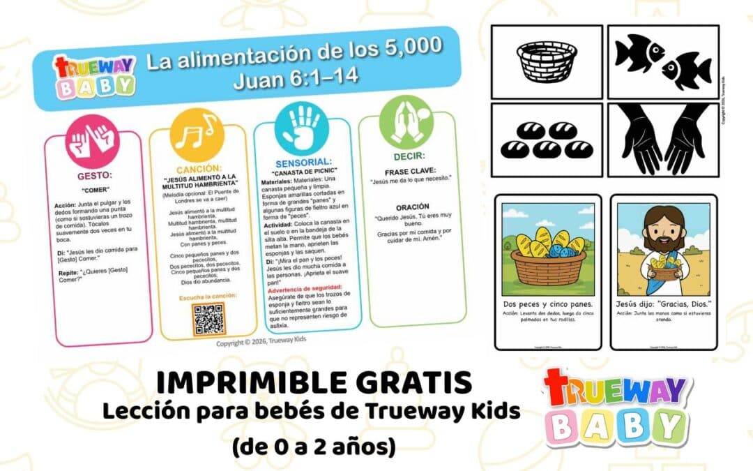 Lección bíblica gratuita para bebés sobre La Alimentación de los 5,000 en Juan 6:1–14. Incluye una canción sencilla, gesto de comer, actividad sensorial, tarjetas visuales y hoja para llevar a casa para niños de 0–2 años.