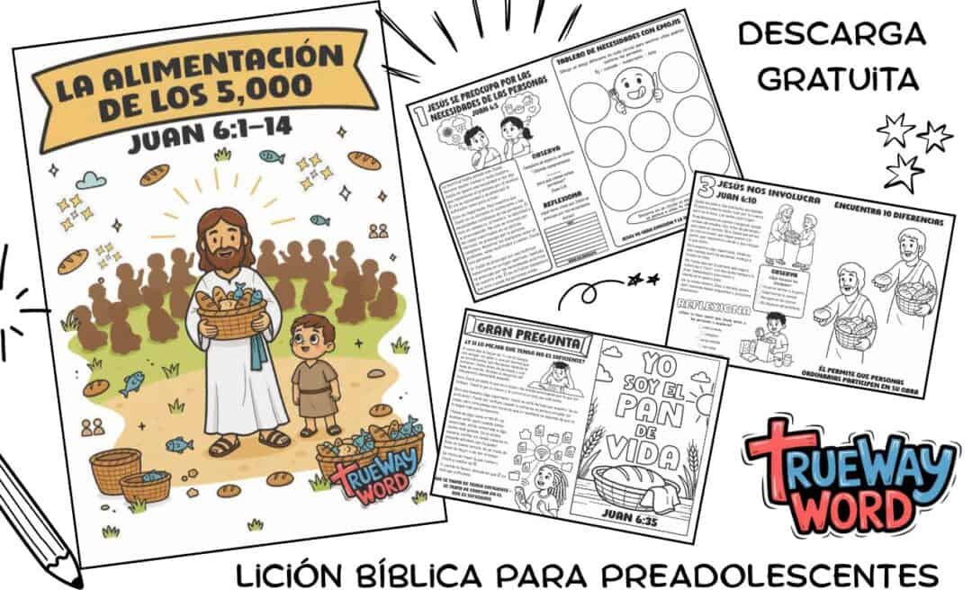 Lección bíblica gratuita para imprimir sobre Juan 6:1–14. Ayuda a los preadolescentes a descubrir la compasión de Jesús, Su provisión, el Pan de Vida y cómo Dios usa personas comunes para Sus propósitos.