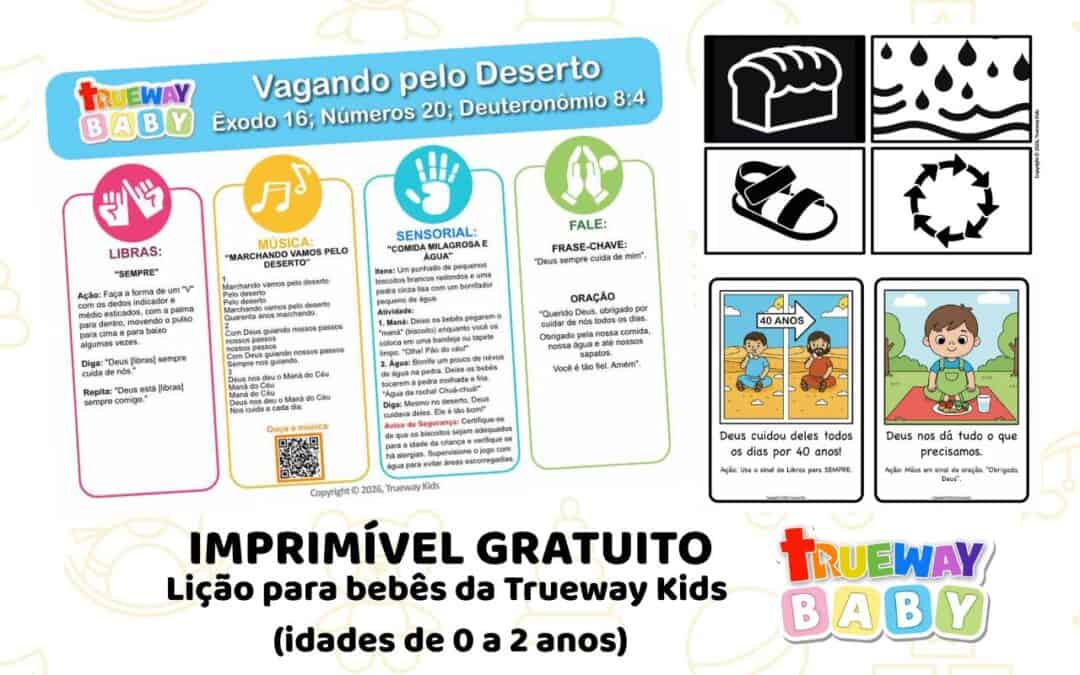 Lição bíblica gratuita para imprimir sobre o povo de Deus vagando pelo deserto, em Êxodo 16, Números 20 e Deuteronômio 8:4. Música simples, Libras, atividade sensorial, folha para levar para casa e cartões visuais para bebês de 0–2 anos.