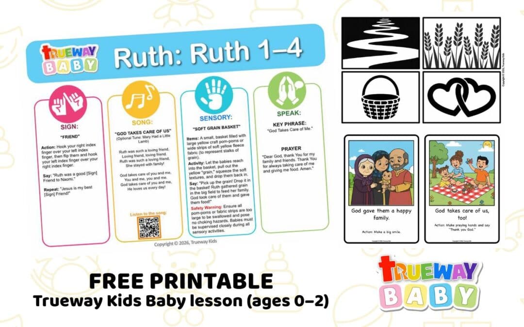 Lección bíblica gratuita sobre Rut 1–4, con canción, gesto, canasta sensorial de granos, tarjetas visuales y hoja para padres.